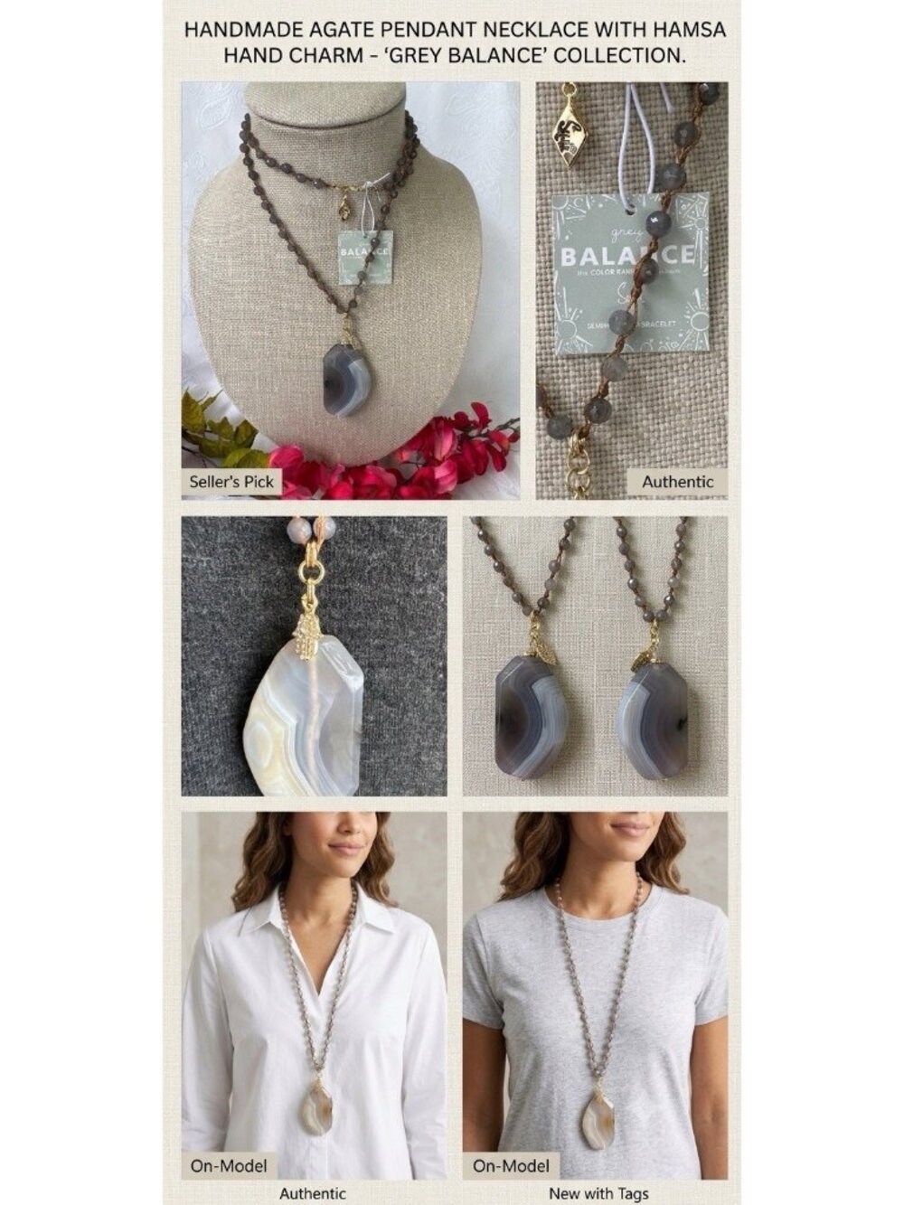 Nordstrom Sequin Gold Tone Agate Gray Stone Bead Hamsa Balance Necklace 38" NEW